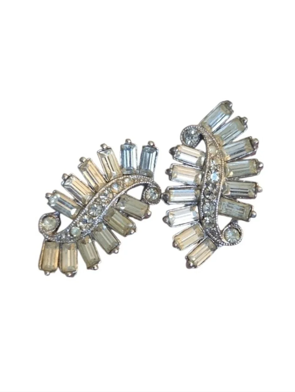 Vintage Silver Toned Crystal Baguette Fan-Style Cuff Links